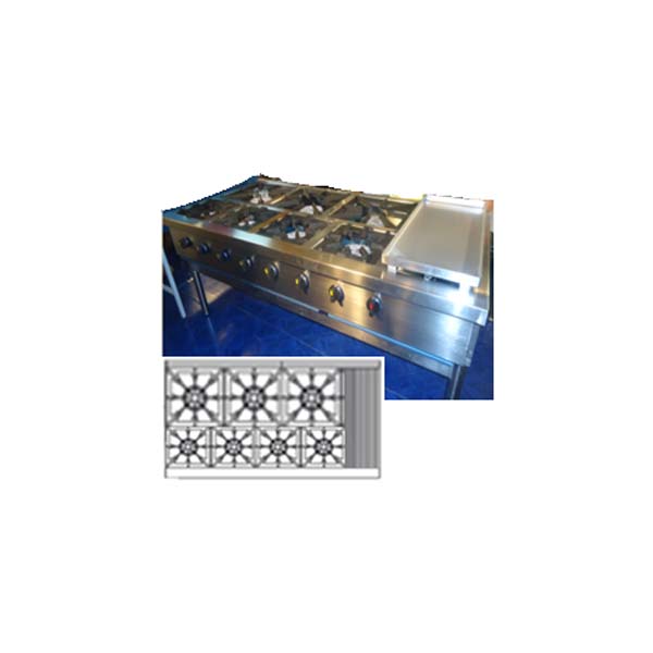 ANAFE INDUSTRIAL DE 7 HORNALLAS MAS PLANCHA 3 DE 43X43 Y 4 DE 30X30